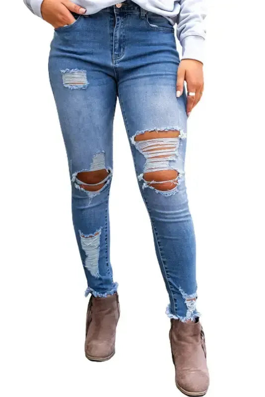Distressed Skinny Jeans - Sky Blue High Waist