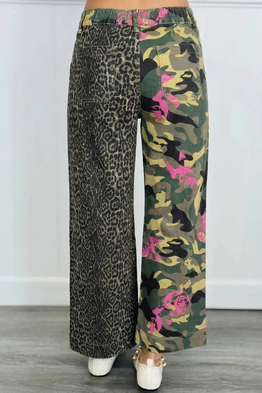 Multicolour abstract leopard patchwork straight jeans
