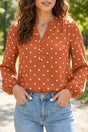 Brown Polka Dot Half Button V Neck Long Sleeve Blouse