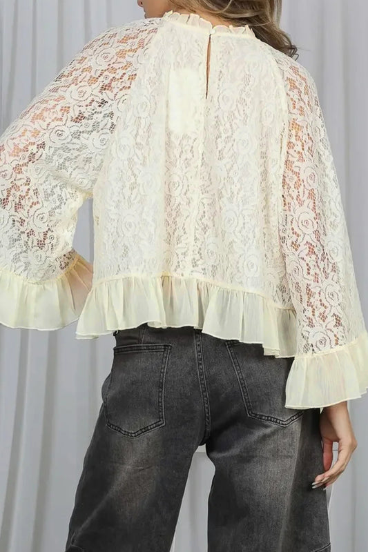 Sheer Lace Floral Round Neck Ruffle Trim Cuff Sleeve Loose Blouse