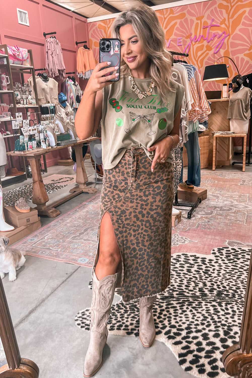 Leopard Denim Midi Skirt - Summer Fashion by FashionFitz styled with graphic tee and boots, ideal for music festival looks.