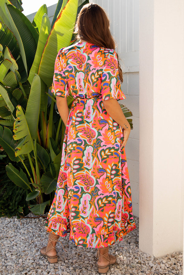 Rose plant print maxi UK surplice V neck detail close-up