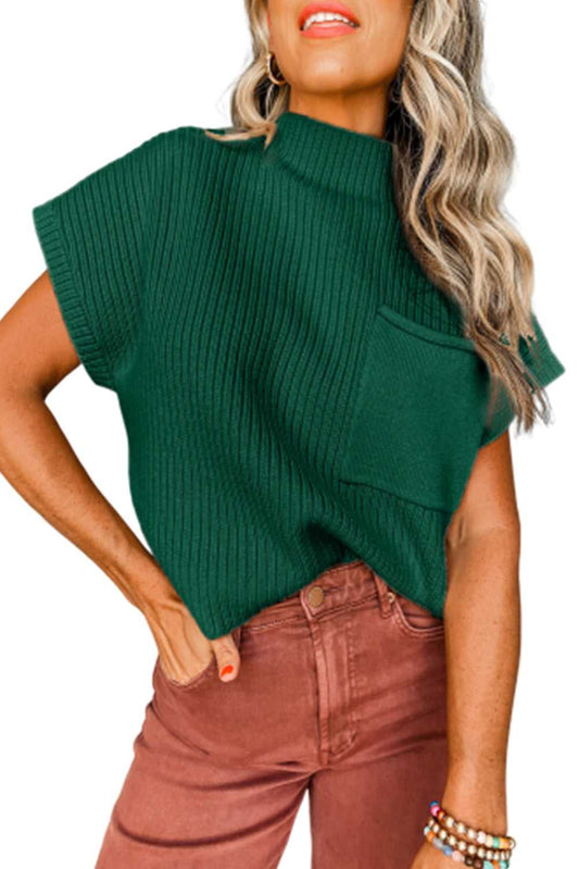 Effortless comfort and style with green Ribbed Knit Short Sleeve Sweater, featuring mock neck and front pocket, styled for casual wear.