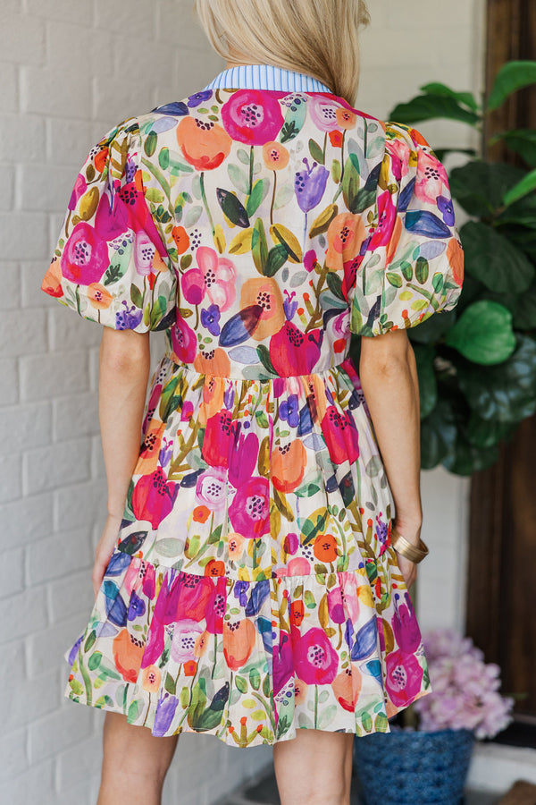 Rose floral ric-rac dress UK side view styled with sandals