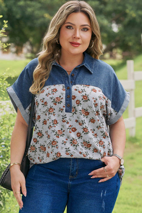 Woman wearing retro floral denim patchwork plus size polo tee