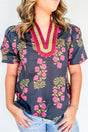 Plus Size Floral Ricrac Trim Puff Sleeve Blouse Women UK — front view showing floral print, ricrac trim and puff sleeves — Fashionfitz