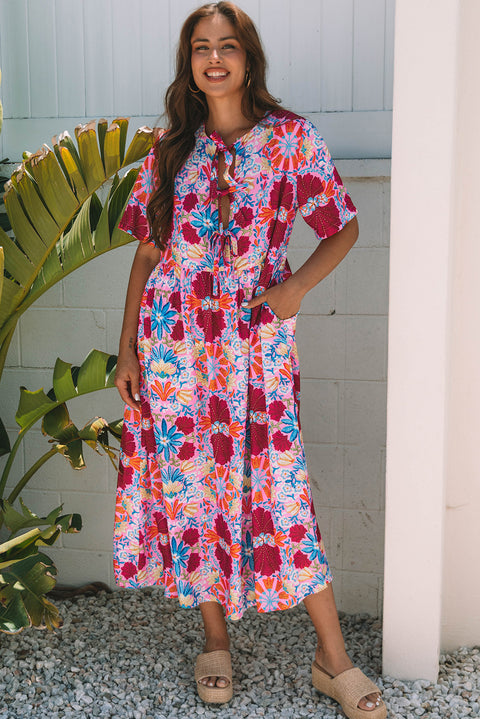 Rose Floral Tied Front High Waist Short Sleeve Maxi Dress Women UK