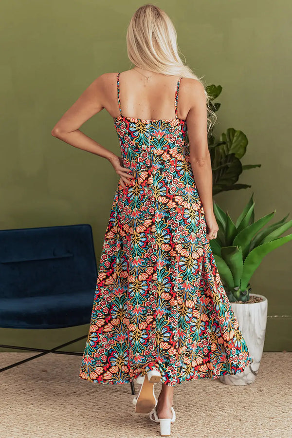 Black Boho Floral Thin Strap Sleeveless High Waist Maxi Dress Women UK
