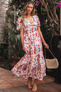 Red Floral Short Sleeve V Neck High Waist Maxi Dress Women UK
