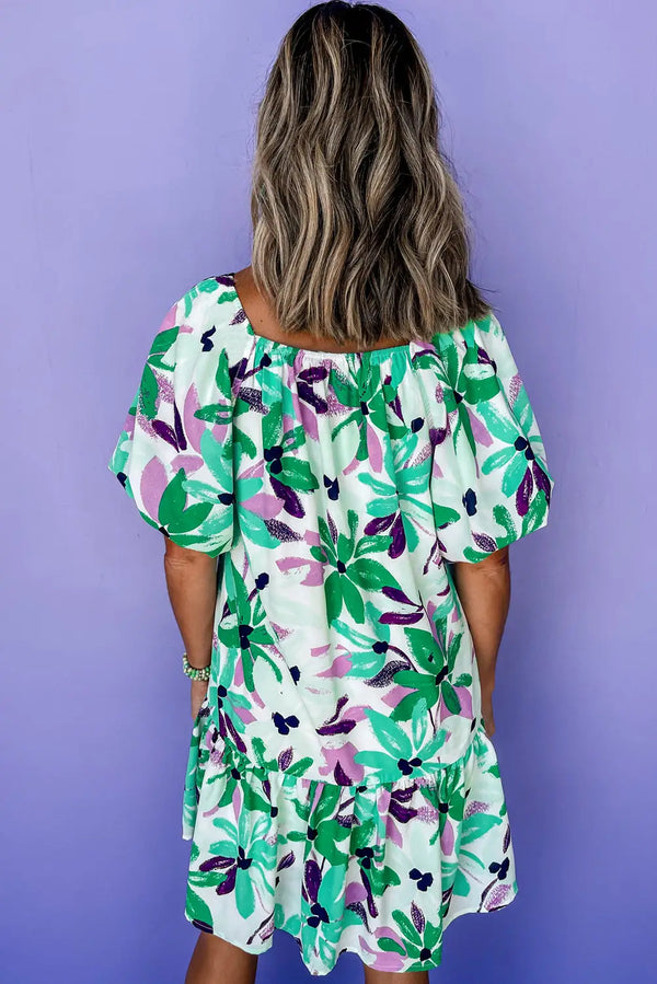 Green Floral Shirred Square Neck Loose Fit Mini Dress Women UK