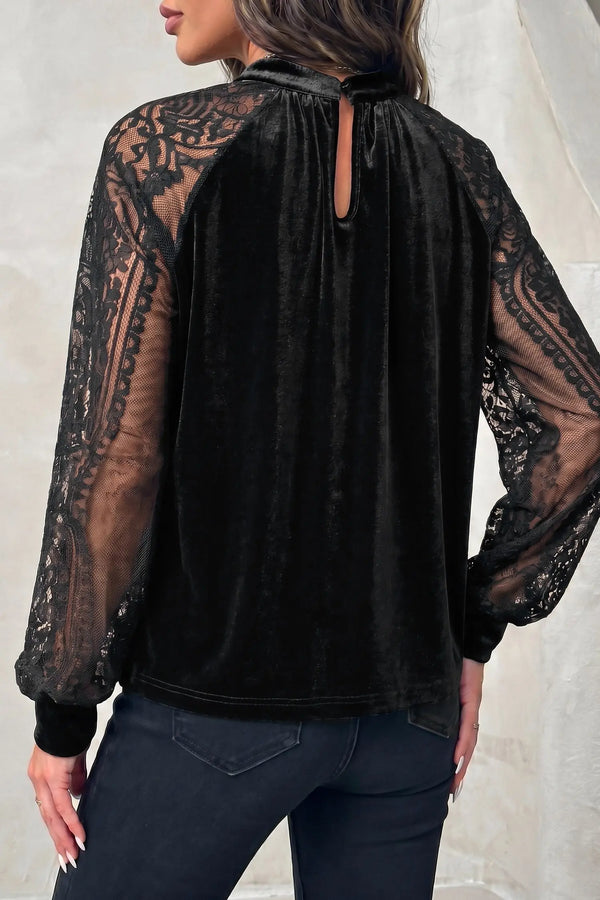 Sheer Lace Velvet Patchwork Stand Neck Blouse Women UK