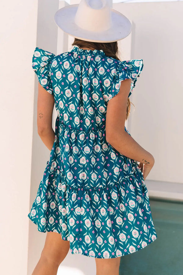 Blue Retro Floral Split Neck Ruffle Short Sleeve Dress Women UK