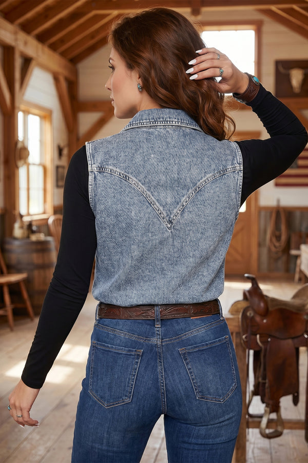 Denim sleeveless cowboy vest back view — Fashionfitz UK