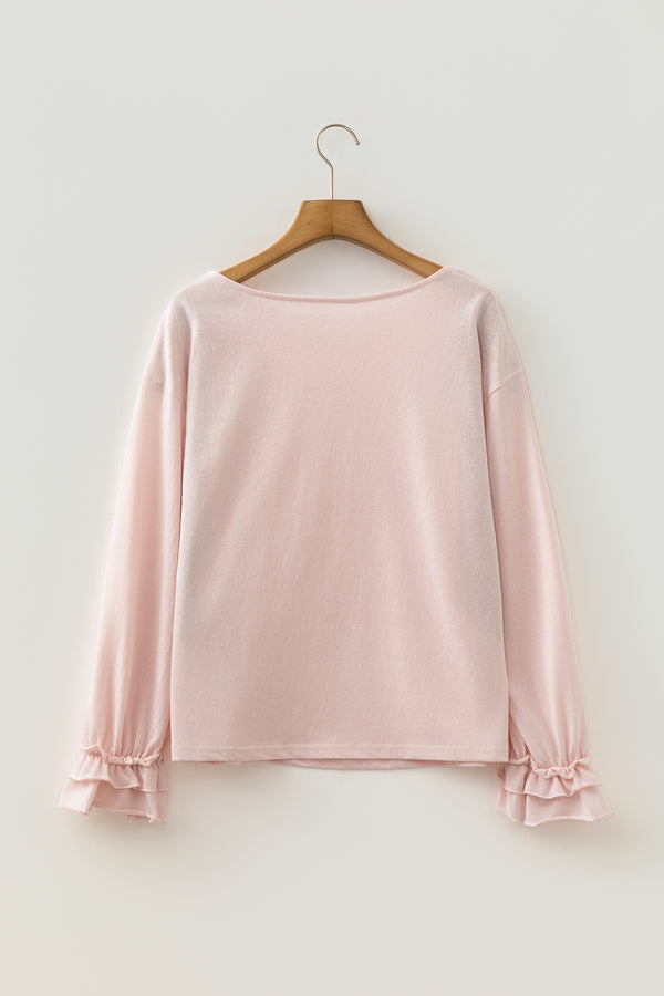 Pink Ruffle Sleeve Long Sleeve Loose Pullover Top Women UK