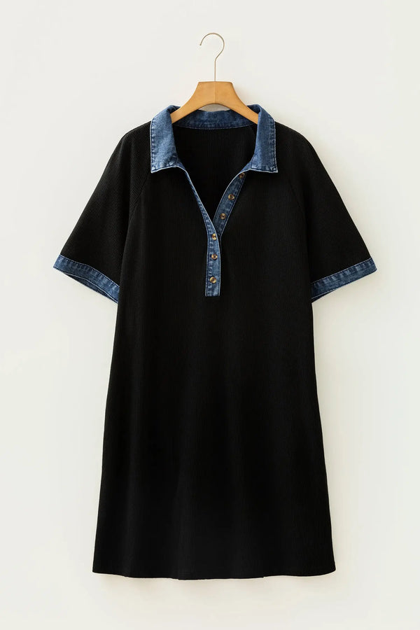 Colourblock Denim Collar Short Sleeve Plus Size Dress — side view | Fashionfitz UK