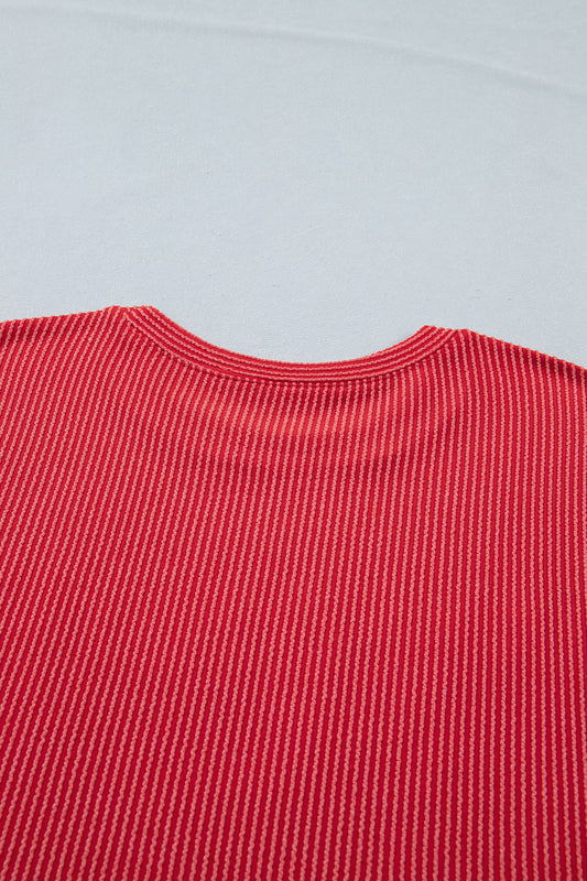 USA Graphic Ribbed Half Sleeve Loose Top Round Neck Tunic Length
