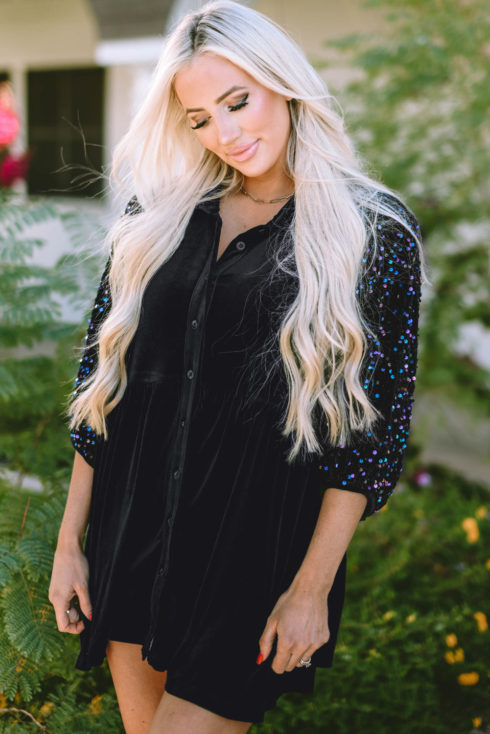 Black Sequin Puff Sleeve Velvet Peplum Shirt