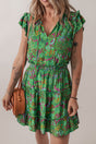 Green Floral Tie Split Neck Ruffle Trim Tiered Dress Women UK