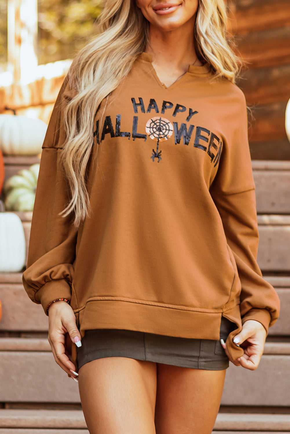 Front view of chestnut Sequin Halloween Top with bold sequin lettering and relaxed fit, perfect for festive fall outfits.