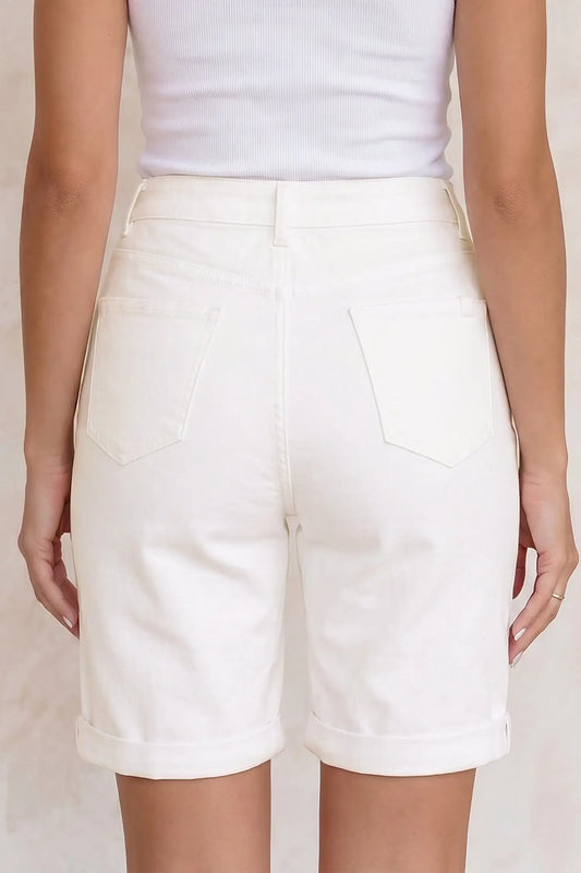 Women's denim Bermuda shorts back view rolled cuffs white casual