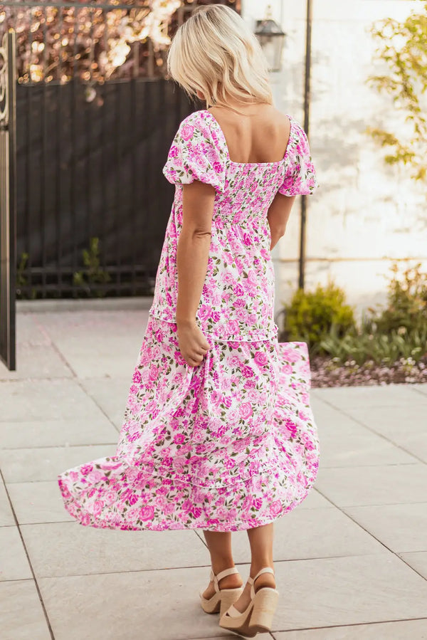 Pink Dainty Floral Smocked Puff Sleeve Flowy Maxi Dress Women UK — back view