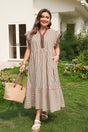 Stripe slit V neck tiered flutter sleeve plus size maxi dress in brown — front view