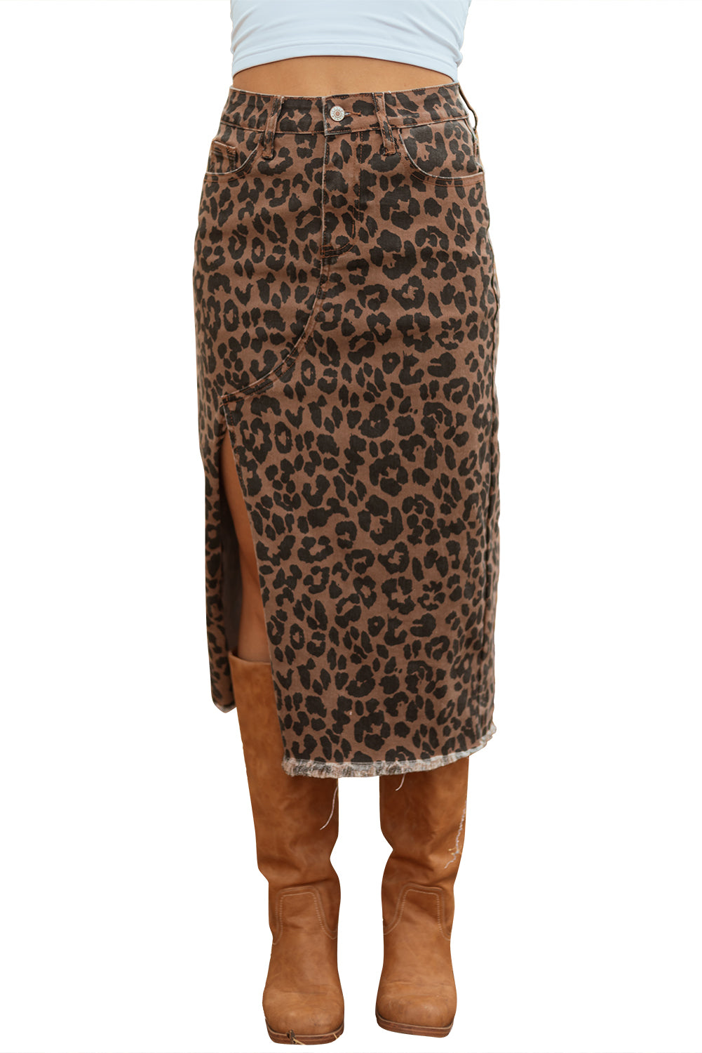 Isolated front view of Leopard Denim Midi Skirt - Summer Fashion by FashionFitz showing high slit and rugged hemline.