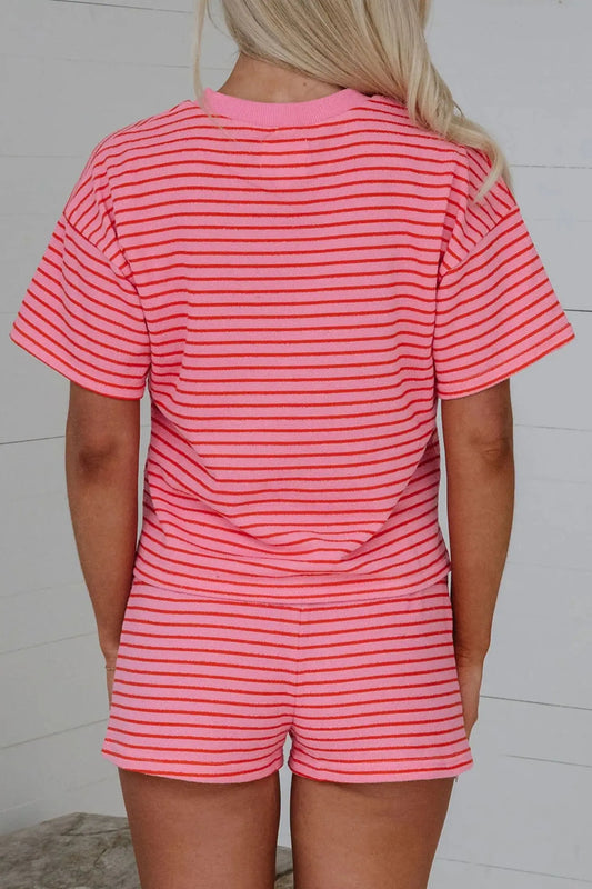 Rose stripe side split knit tee & drawstring shorts co-ord set outfit sets