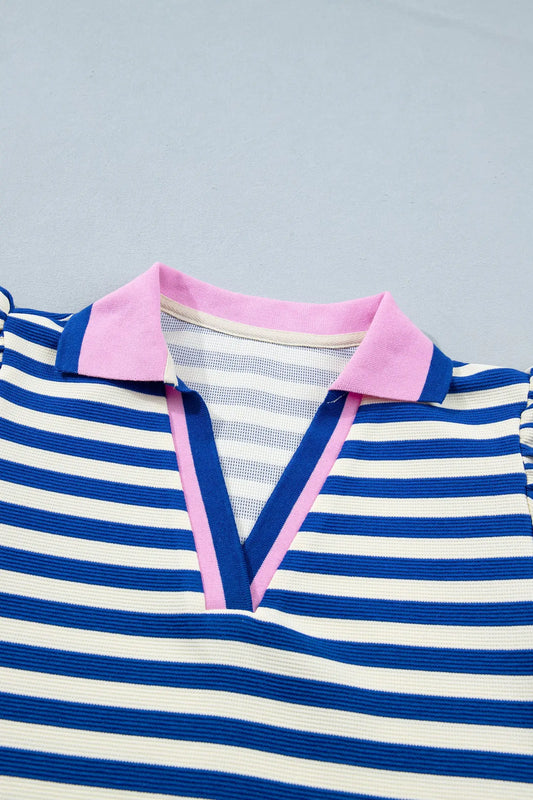 Blue stripe contrast trim polo collar ruffled short sleeve blouse