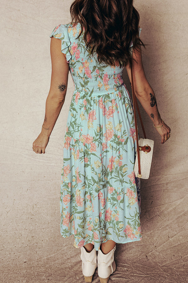 Yellow smocked maxi dress UK tiered skirt flowing detail