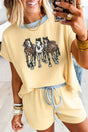 Ribbed Knit Sequin Horse Patch Two Piece Short Set Women UK