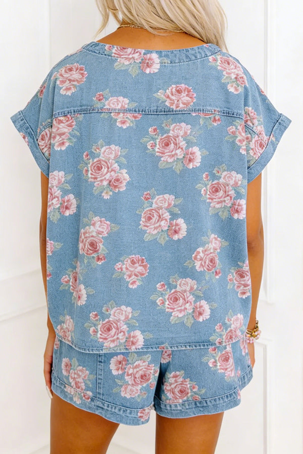 Floral Denim Short Set Women UK — side view showing loose shorts and short sleeve top silhouette — Fashionfitz