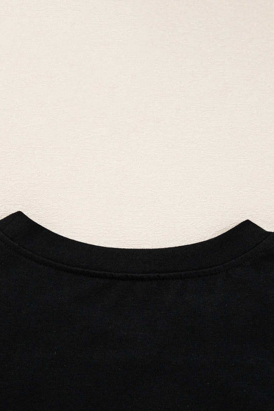 Back neckline detail of the Lace Sleeve Drop T-Shirt - Soft & Comfy | FashionFitz, highlighting the clean stitching and soft black fabric.