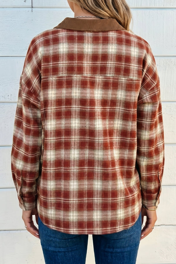 Contrast Plaid Long Sleeve Button Down Shirt