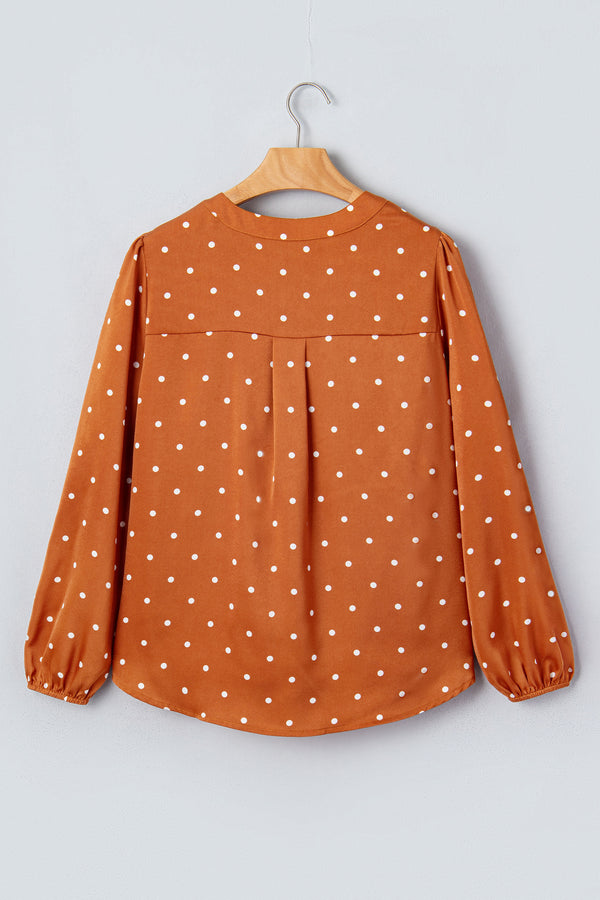 Brown Polka Dot Half Button V-Neck Long Sleeve Blouse Women UK