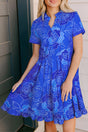 Blue Floral Ruffled Hem V Neck Short Sleeve Flowy Mini Dress Women UK