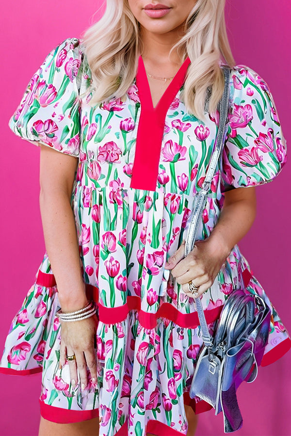 Pink Floral V Neck Bubble Sleeve Babydoll Dress Women UK
