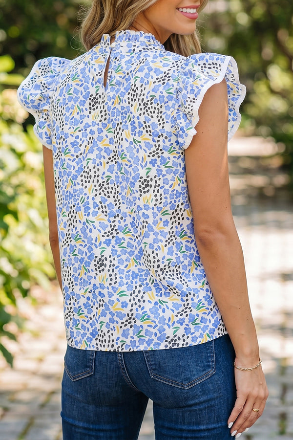 Sky Blue Abstract Print High Neck Flutter Sleeve Top Women UK