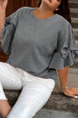 Plaid bow decor bell sleeve plus size jumper in black — front view