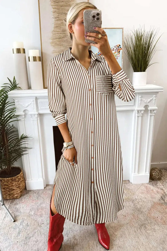 Casual brown striped midi shirt dress featuring long sleeves and relaxed fit, ideal for spring daily wear or workdays.