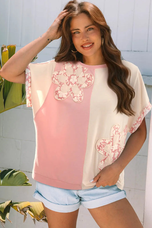Apricot flower patch loose color block tee