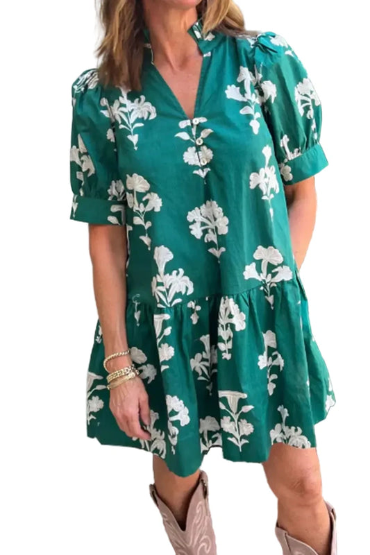 Floral Frilled V-Neck Puff Sleeve Mini Dress