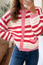 Red Stripe V Neck Long Sleeve Regular Fit Cardigan