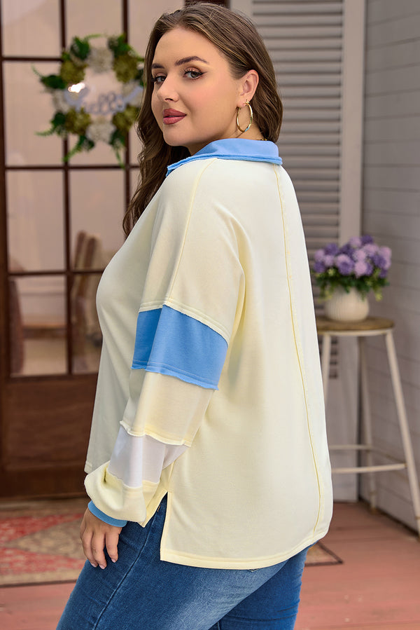 Back view of raw seam colorblock patchwork plus size V neck pullover