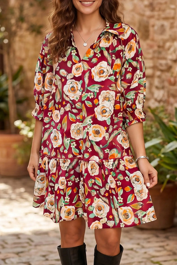 Red Floral Half Sleeve Mini Shift Dress Women UK