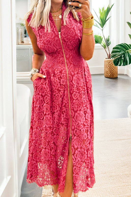 Floral Lace Overlay Zip Up Smocked Waist Sleeveless Maxi Dress
