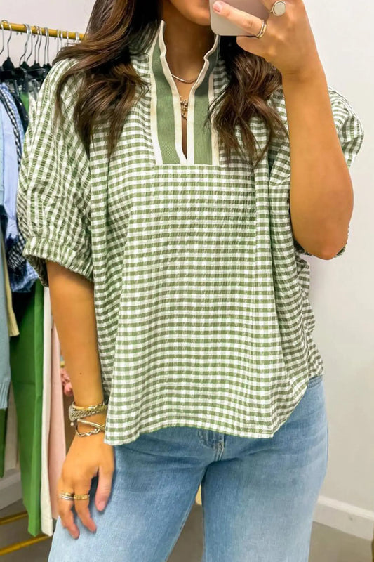 Green plaid short sleeve colorblock trim split neck blouse
