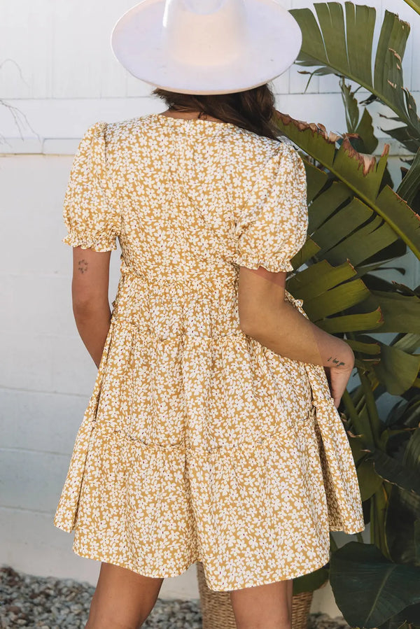 Yellow Floral Short Sleeve V Neck Frilly Tiered Mini Dress Women UK