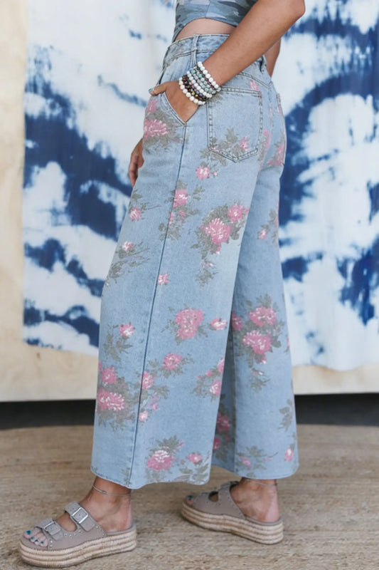 Sky blue garden floral print bootcut jeans