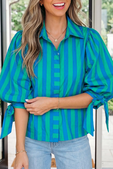 Stripe tie puff sleeve button-down shirt women UK | Fashionfitz